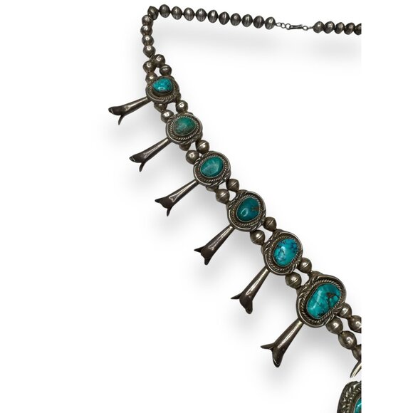 Old Pawn Navajo Sterling Turquoise Squash Blossom Necklace 26" 185g Vintage - Picture 7 of 16